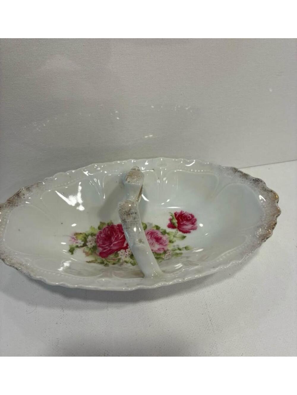 Vintage Porcelain Rose Floral Handle Dish